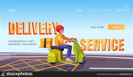Delivery service cartoon landing page, man on scooter deliver box. Correspondence, mail, documents, food, parcels express shipping, order transportation to customers, company ad, Vector web banner. Delivery service cartoon landing, man on scooter