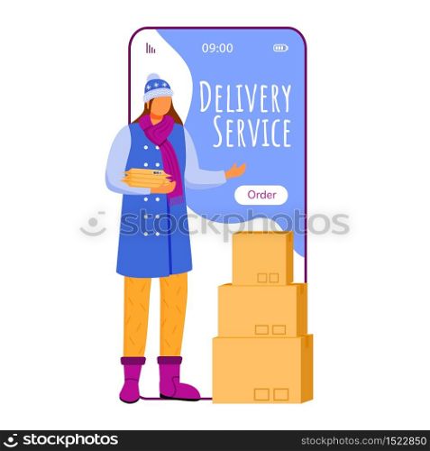 Delivery service cartoon smartphone vector app screen. Ordering online. Woman in winter clothes. Mobile phone displays with flat character design mockup. Application telephone cute interface
