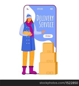 Delivery service cartoon smartphone vector app screen. Ordering online. Woman in winter clothes. Mobile phone displays with flat character design mockup. Application telephone cute interface