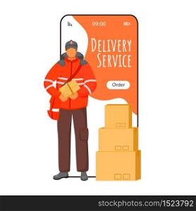 Delivery service cartoon smartphone vector app screen. Parcel tracking notification. Man in UK uniform. Mobile phone displays with flat character design mockup. Application telephone cute interface