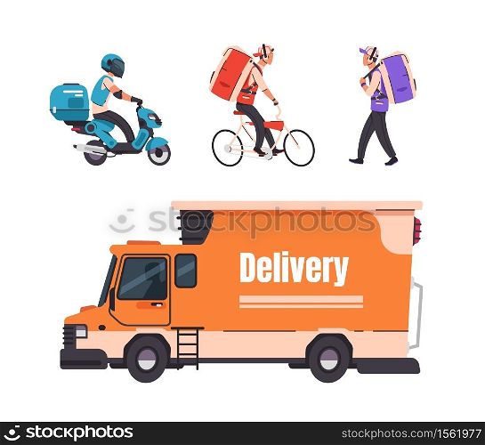 Delivery service. Cartoon walking courier, on bicycle, scooter and car, online food and goods delivery service to home and office. Vector set illustrations transportation services on white background. Delivery service. Cartoon walking courier, on bicycle, scooter and car, online food and goods delivery service to home and office. Vector set