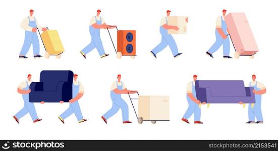 Delivery service characters. Warehouse man, objects logistics job. Relocation help, workers carrying sofa and container. People moving vector set. Illustration of delivery service worker, people loader. Delivery service characters. Warehouse man, objects logistics job. Relocation help, workers carrying sofa and container. People moving utter vector set