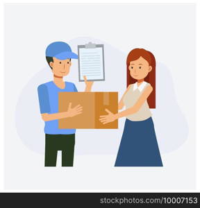 Delivery service concept, Deliveryman delivered the box to woman customer. Flat vector cartoon illustration