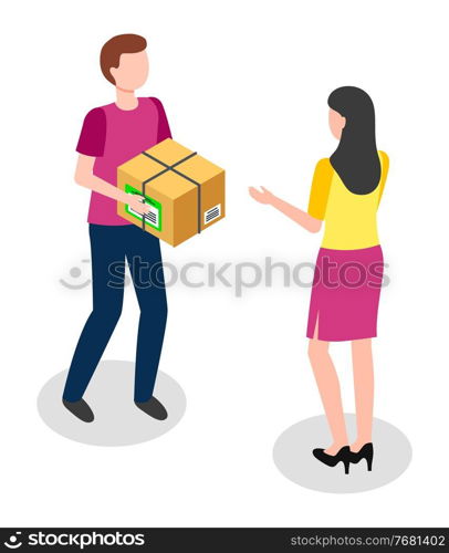 Delivery service concept. Man courier brought a cardboard box to a girl customer home, goods shipping, online ordering in flat vector. Free express delivery, online buy, ecommerce shop logistic. Delivery service concept. Man courier brought a cardboard box to girl, goods shipping, online order