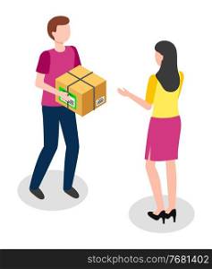 Delivery service concept. Man courier brought a cardboard box to a girl customer home, goods shipping, online ordering in flat vector. Free express delivery, online buy, ecommerce shop logistic. Delivery service concept. Man courier brought a cardboard box to girl, goods shipping, online order