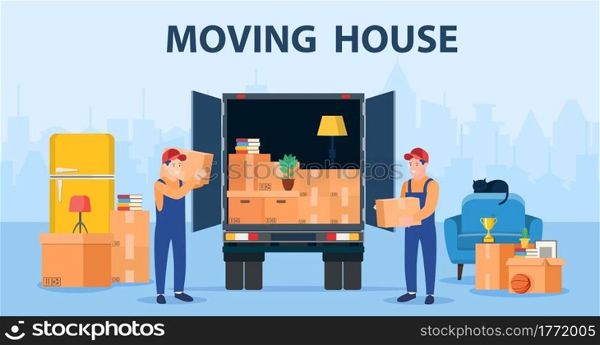 Delivery service concept. moving house. Man with cardboard boxes. Truck for transportation of goods loaded with cardboard boxes. Delivery truck with a bunch of boxes. Vector illustration in flat style. Truck for transportation of goods