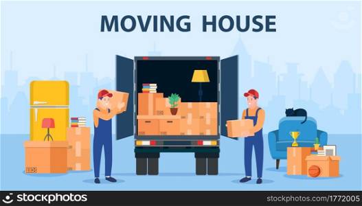 Delivery service concept. moving house. Man with cardboard boxes. Truck for transportation of goods loaded with cardboard boxes. Delivery truck with a bunch of boxes. Vector illustration in flat style. Truck for transportation of goods