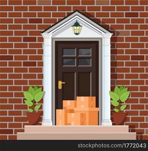 Delivery service concept. Parcel before front door. Safe contactless delivery to home to prevent the spread of the corona virus. Vector illustration in flat style. Delivery service concept.