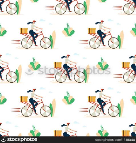 Delivery Service Female Courier Work Trendy Flat Vector Seamless Pattern with Woman Riding Bicycle, Hurrying While Delivering Cardboard Box, Postal Package, Fast Food Restaurant Order Illustration