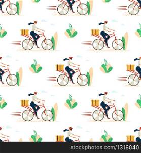 Delivery Service Female Courier Work Trendy Flat Vector Seamless Pattern with Woman Riding Bicycle, Hurrying While Delivering Cardboard Box, Postal Package, Fast Food Restaurant Order Illustration