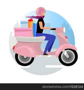 Delivery service flat concept vector icon. Express scooter courier delivering order sticker, clipart. Woman riding motorbike with purchases and shopping bag. Isolated cartoon illustration on white