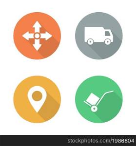 Delivery service flat design icons set. Logistics storehouse color signs. Package transportation long shadow symbols. Cargo vehicle and hand truck silhouette labels. Vector infographics elements. Delivery service flat design icons set
