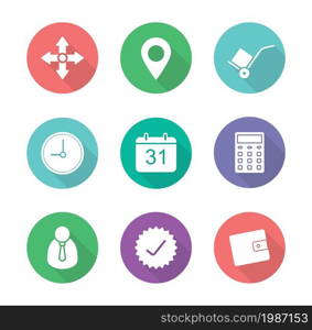 Delivery service flat design icons set. Shipping and logistic white silhouette illustrations on color circles. Online package tracking and customer support web interface. Vector infographics elements. Delivery service flat design icons set