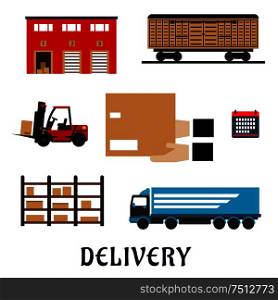 Delivery service flat icons with warehouse building, freight wagon, cargo truck, forklift truck, storage rack, calendar and hands with parcel cardboard box. Delivery and storage service flat icons