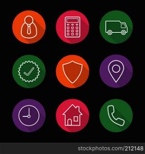 Delivery service flat linear long shadow icons set. Office worker, calculator, transportation truck, aprroved sign, protection shield, pinpoint, clock, house, handset. Vector line symbols. Delivery service flat linear long shadow icons set