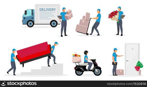 Delivery service flat vector illustrations set. Couriers, deliveryman, posman, loader with parcels isolated cartoon characters on white background. Door to door, flowers, food delivery concepts