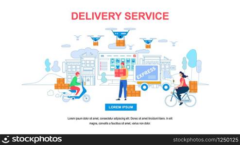 Delivery Service Horizontal Banner with Copy Space. Remote Air Drones with Box Flying in Sky. Modern Delivery of Package. People Couriers by Scooter, Van Car, Bicycle. Cartoon Flat Vector Illustration. Delivery Service Horizontal Banner with Copy Space