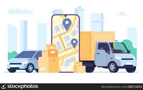 Delivery service in mobile app. Order shipping by automobile. Smartphone application. Truck cargo shipment. Cardboard parcel boxes. Phone map with location icons. Freight distribution. Vector concept. Delivery service in mobile app. Order shipping by automobile. Smartphone application. Truck cargo shipment. Cardboard boxes. Map with location icons. Freight distribution. Vector concept