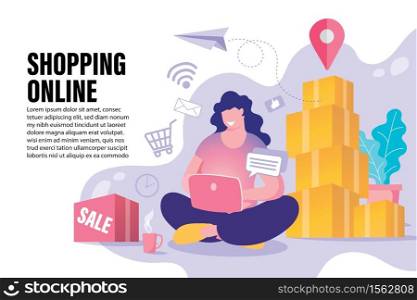 Delivery service isometric concept. woman check order from laptop. shopping online e-commerce.