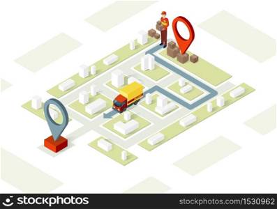 Delivery service isometric vector illustration. Parcel transportation map. Cargo and freight shipment. Logistic and distribution. Delivery point. Truck transportation route 3d concept. Website, app design. Delivery service isometric vector illustration