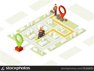 Delivery service isometric vector illustration. Parcel transportation map. Scooter delivery. Motorcycle shipping destination. Logistic and distribution 3d concept. Website, app design. Delivery service isometric vector illustration