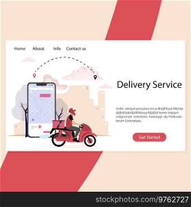 Delivery service landing page. Courier on scooter. Order fast food delivery, pizzeria page and navigation page. Vector illuistration. Delivery service landing page. Courier on scooter