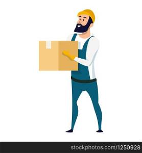 Delivery Service Male Character Holding Carton Box. Smiling Warehouse Worker Wearing Overall Uniform and Hard Hat Standing with Package in his Hand. Flat Cartoon Vector Illustration. Delivery Service Male Character Holding Carton Box