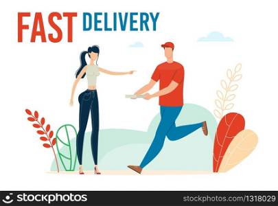 Delivery Service, Postal Company Trendy Flat Vector Advertising Banner, Poster Template. Pizza Deliveryman, Male Courier Carrying Box in Hands, Running, Hurrying Give Parcel to Client Illustration