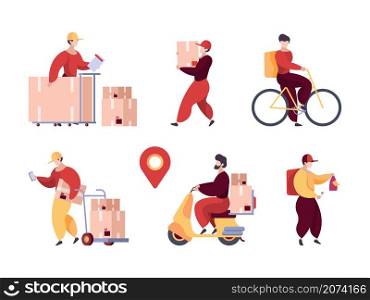 Delivery service. Professional deliver characters warehouse workers postman with packages and transport vector flat stylized people. Illustration professional service, deliver cartoon transportation. Delivery service. Professional deliver characters warehouse workers postman with packages and transport garish vector flat stylized people