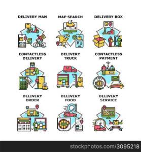 Delivery Service Set Icons Vector Illustrations. Delivery Service Worker Contactless Delivering Food And Drink At Home Or Office, Truck And Scooter. Payment For Order Color Illustrations. Delivery Service Set Icons Vector Illustrations