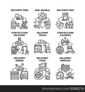 Delivery Service Set Icons Vector Illustrations. Delivery Service Worker Contactless Delivering Food And Drink At Home Or Office, Truck And Scooter. Payment For Order Black Illustration. Delivery Service Set Icons Vector Illustrations