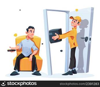 Delivery service to customer door. Courier delivers parcel or order to client. Vector cartoon illustration of man with black cardboard box in house entrance and person with tv remote control in chair. Delivery service to customer door