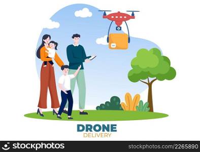 Delivery Service use Drone Background Vector Illustration. Employee Distributing Boxes using Modern Technology Device for Shipping Parcel Package