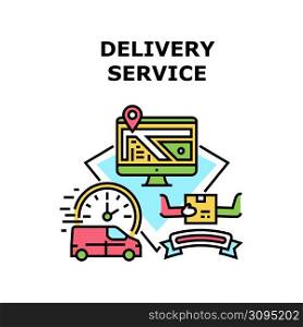 Delivery Service Vector Icon Concept. Delivery Service Van Vehicle For Fast Delivering Order, Tracking Shipment Online On Computer Screen, Location On Map Express Deliver Color Illustration. Delivery Service Vector Concept Color Illustration