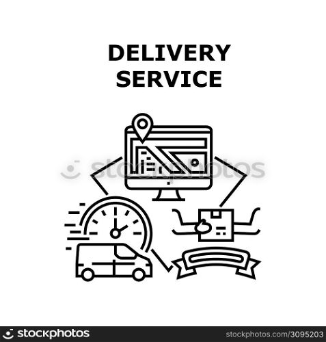 Delivery Service Vector Icon Concept. Delivery Service Van Vehicle For Fast Delivering Order, Tracking Shipment Online On Computer Screen, Location On Map Express Deliver Black Illustration. Delivery Service Vector Concept Black Illustration