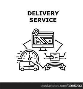 Delivery Service Vector Icon Concept. Delivery Service Van Vehicle For Fast Delivering Order, Tracking Shipment Online On Computer Screen, Location On Map Express Deliver Black Illustration. Delivery Service Vector Concept Black Illustration