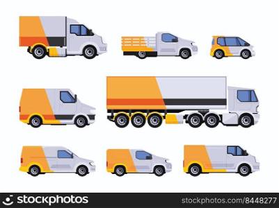 Delivery service. Vehicles yellow cars trucks and vans for post letters logistic trailers garish vector flat collection isolated. Illustration of truck and vehicle, car delivery service. Delivery service. Vehicles yellow cars trucks and vans for post letters logistic trailers garish vector flat collection isolated