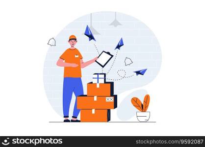 Delivery service web concept with character scene. Man delivering cardboards boxes, sending parcels to client. People situation in flat design. Vector illustration for social media marketing material.