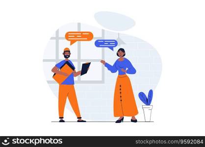 Delivery service web concept with character scene. Man delivering parcel to clients, woman paying to courier. People situation in flat design. Vector illustration for social media marketing material.