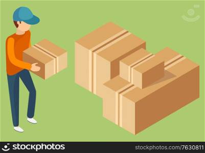 Delivery service worker wearing uniform carrying cardboard box. Isometric carton container, closed parcel, packaging. Transportation and moving. Vector illustration in flat cartoon style. Delivery Men Transporting Cardboard Boxes Vector