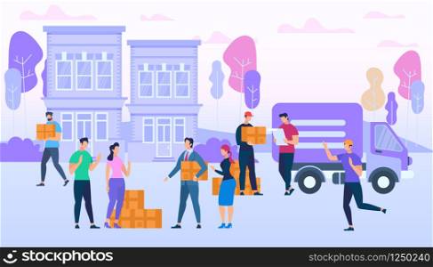 Delivery Service Workers Bring Many Boxes by Van Car. People Characters Move on Street Building Background. Men and Women Replacement, Cargo Shipping, Transportation. Cartoon Flat Vector Illustration. Delivery Service Workers Bring Many Boxes by Van