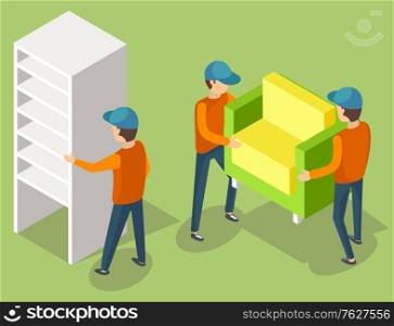 Delivery service workers in uniform moving cupboard and armchair. Porters carry furniture piece. Relocation and transportation vector illustration. Delivery Service, Moving Furniture Vector Image