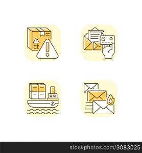 Delivery service yellow RGB color icons set. Sea shipping, priority mail, dangerous cargo and postage payment. Postal transportation services. Isolated vector illustrations. Delivery service yellow RGB color icons set
