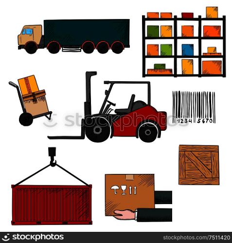 Delivery, shipping and freight infographic elements with truck, crate, barcode, container, shelving, loader and wooden box. Delivery, shipping and freight objects