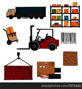 Delivery, shipping and freight infographic elements with truck, crate, barcode, container, shelving, loader and wooden box. Delivery, shipping and freight objects