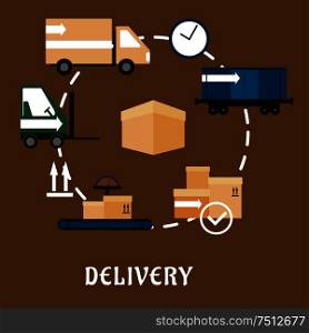 Delivery, shipping and logistics flat icons with container train, delivery packages, truck, scale conveyor, packaging signs, forklift truck, clock with cardboard box. Delivery, shipping and logistics flat icons