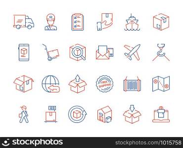 Delivery symbols. Shipping fast courier cargo freight logistics international process vector colored linear icons. Shipping transport international collection line icon illustration. Delivery symbols. Shipping fast courier cargo freight logistics international process vector colored linear icons