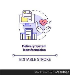 Delivery system transformation concept icon. Healthcare problem abstract idea thin line illustration. Future of medicine. Isolated outline drawing. Editable stroke. Arial, Myriad Pro-Bold fonts used. Delivery system transformation concept icon