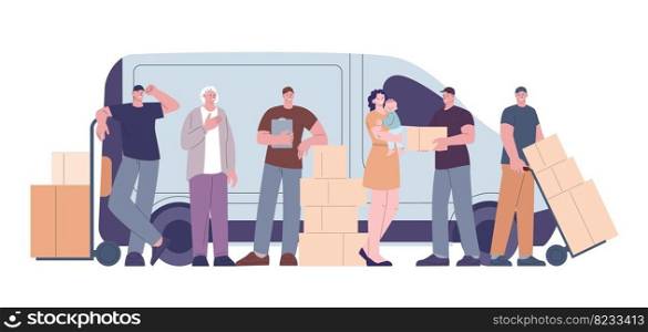 Delivery team and customers. Logistic service, man with parcels, old woman and mother with baby on hands. Shipping vector concept of team delivery and customer illustration. Delivery team and customers. Logistic service, man with parcels, old woman and mother with baby on hands. Shipping vector concept