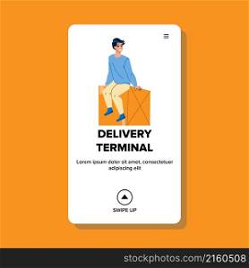 Delivery terminal business global. export and logistic. box package. truck import. locker character web flat cartoon illustration. Delivery terminal vector
